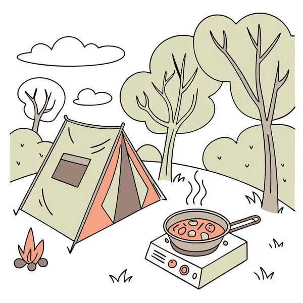 Alevli bir kamp ocağı. Tepsinin üstünde yemek pişirmek gibi. Yapay zekanın oluşturduğu çadır ve kamp alanını göstererek. Vektör simgesi