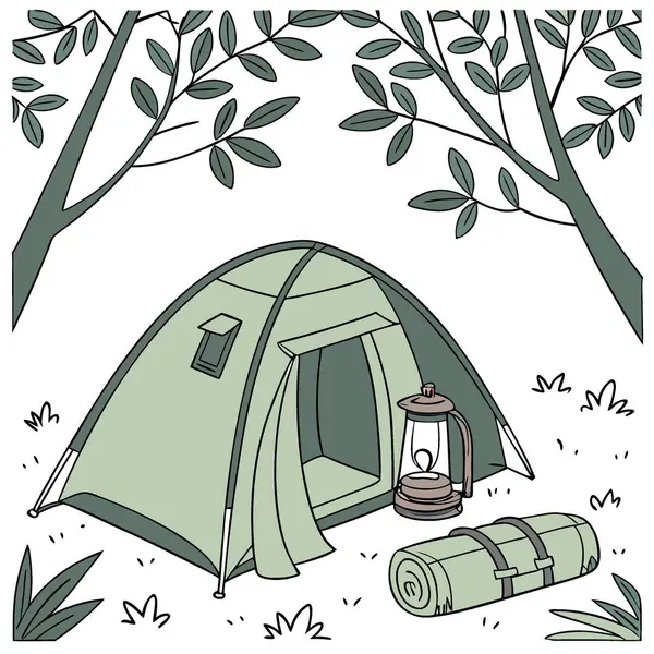 Kamp malzemeleri yeşil bir çadırın içinde, ağaçların arasından süzülen güneş ışığıyla bir kamp alanı. Yapay zeka üretildi. Vektör simgesi