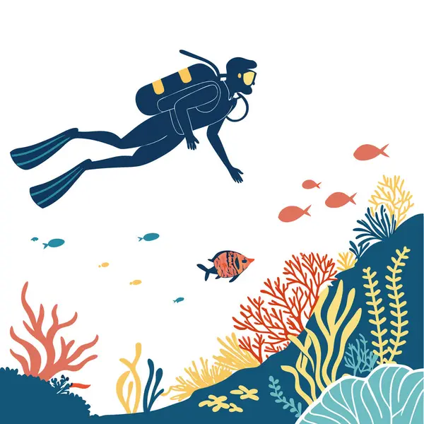 Buceador Flotando tutuklama koloridosu. Conpeces y rayos de sol filtrandose desde la superficie yapay zeka üretildi. Vektör simgesi