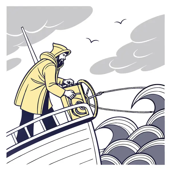 Sarı yağmurluklu balıkçı açık denizde bulutlu bir günde balıkçı teknesinde vinç kullanıyor. Yapay zeka üretildi. Vektör simgesi