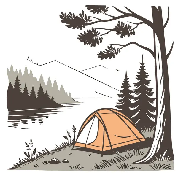 Huzurlu bir gölün yanında rahat turuncu bir çadır. Sisli tepelerle çevrili. Kamp yapmak ve doğanın tadını çıkarmak için mükemmel yapay zeka. Vektör simgesi