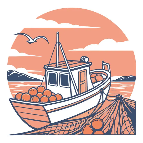 Gün batımında, güvertede ağlar ve portakallarla balıkçı teknesi. Kıyıdaki bir akşamın huzurlu güzelliğini yakalıyorum. Yapay zeka üretildi. Vektör simgesi