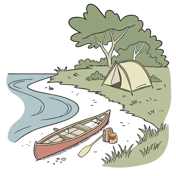 Kano kampı, kıyıda kano ve yakınlarda çadır. Yapay zekanın yarattığı su bazlı kamp gezilerinin ruhunu yakalamak. Vektör simgesi