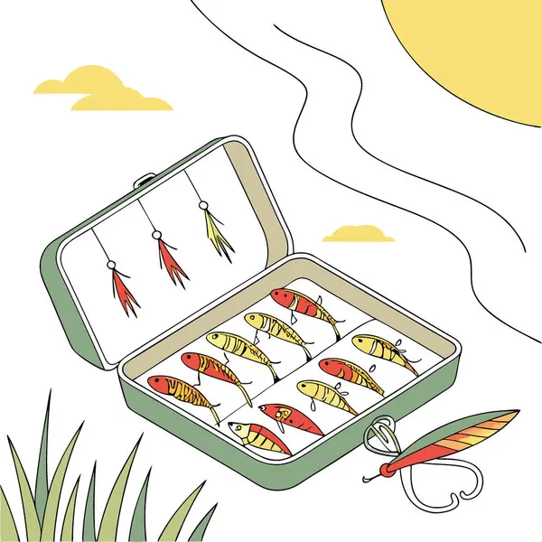 Açık hava ortamında sıcak güneş ışığıyla aydınlatılan bir olta kutusuna yerleştirilmiş renkli balık yemi. Yapay zeka üretildi. Vektör simgesi