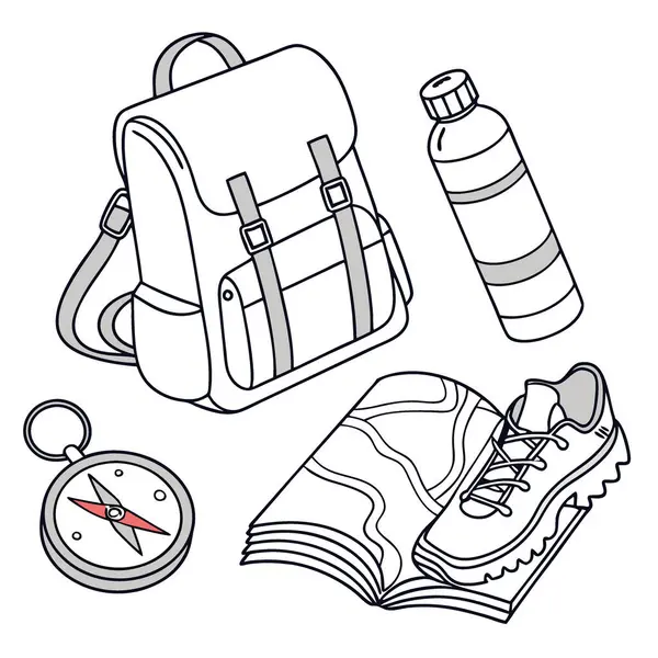 Açık hava macera malzemeleri ve temiz beyaz bir yüzey üzerinde yürüyüş malzemeleri. Yapay zekanın oluşturduğu dairesel çizim. Vektör simgesi