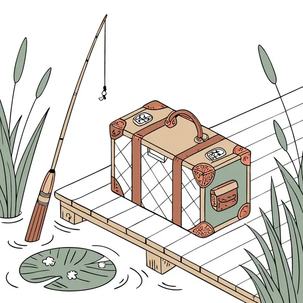 Rıhtımda su kenarında bir rıhtıma yerleştirilmiş eski bir bavul. Macerayı ve boş zamanı sembolize ediyor. Yapay zeka üretildi. Vektör simgesi