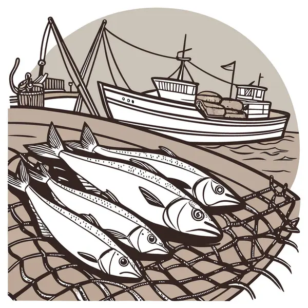 Balıkçı teknesinin güvertesindeki büyük bir balık avının yakından görüntüsü. Arka planda diğer teknelerle yapay zeka üretildi. Vektör simgesi