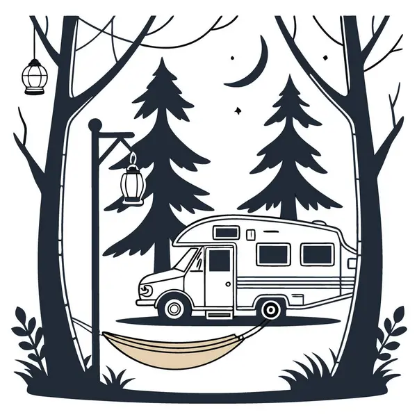 Huzurlu bir çam ormanının ortasına park etmiş bir kamp arabası, bir hamak ve mekanı aydınlatan fenerler. Yapay zeka üretildi. Vektör simgesi