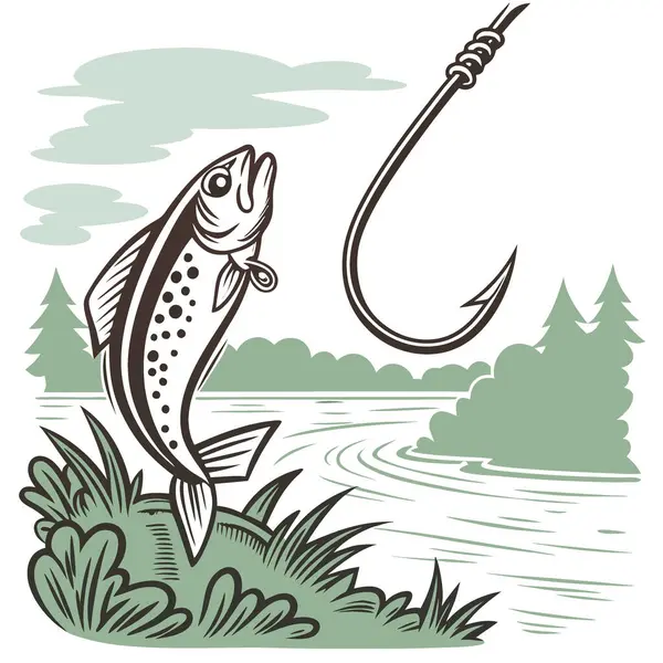 Taze bir oltaya takılmış balık oltasının ayrıntılı görüntüsü. Huzurlu bir çevrede balığa çıkmaya hazır. Yapay zeka üretildi. Vektör simgesi