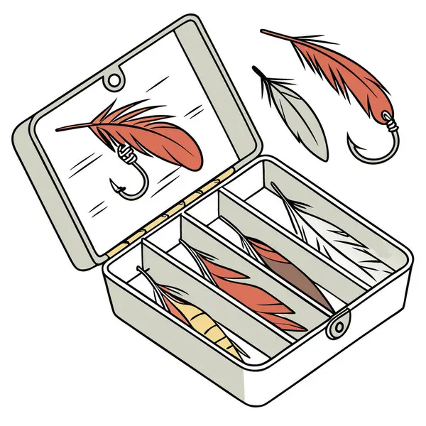 Balıkçılık yemlerinin yakın plan çekimleri bir takım kutusunda düzenleniyor. ayrıntılı kancalar ve tüyler. yumuşak doğal ışık. Yapay zeka üretildi. Vektör simgesi