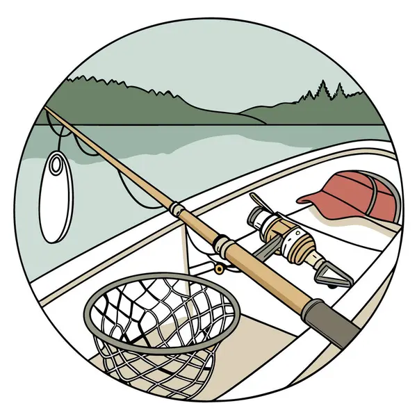 Teknede olta takımının yakın çekimi. Çubuklar. Makaralar. Yem. Ve bir ağ. Arka planda yapay zekanın oluşturduğu sakin bir göl var. Vektör simgesi