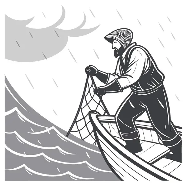 Yağmurlu bir günde teknede özenle çalışan profesyonel bir balıkçı. Çalkantılı sulara ağlar atıyorlar. Yapay zeka üretildi. Vektör simgesi
