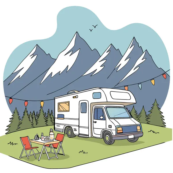 Renkli ışıkların altında piknik düzeneği olan bir kamp arabasının gerçekçi üç boyutlu çizimi. Yapay zeka üretildi. Vektör simgesi