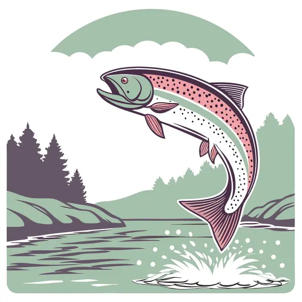 Sabahın erken saatlerinde balık avlama gezisinde alabalık çarpıcı bir hareket ve renk gösterisiyle sudan atlıyor. Yapay zeka üretildi. Vektör simgesi