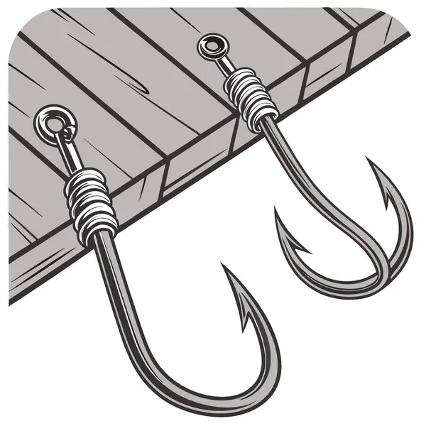 Ahşap bir masanın üzerinde duran metalik balık kancalarının yakın çekimi. Stüdyo aydınlatmasında karmaşık detaylar sergiliyor. Yapay zeka üretildi. Vektör simgesi