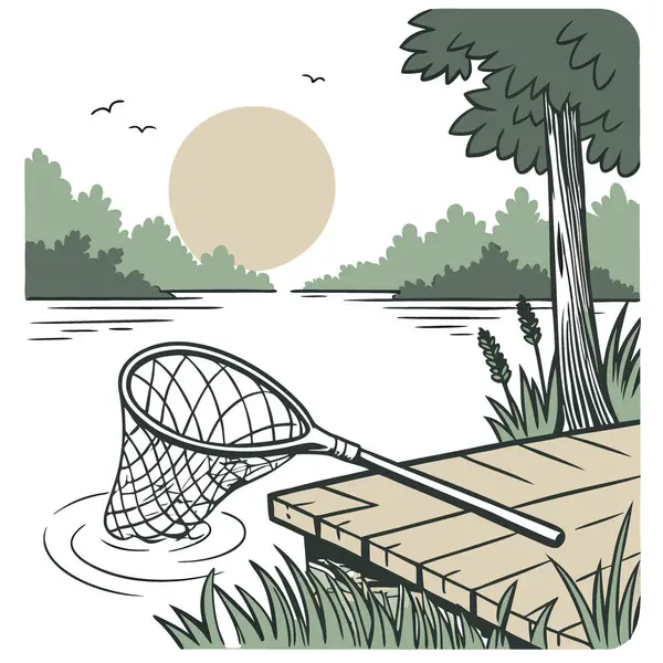 Güneşli bir öğleden sonra gölün kenarında sakin sularla dolu ahşap bir rıhtımda dinlenen bir balık ağı. Yapay zeka üretildi. Vektör simgesi