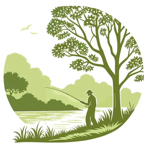 Sakin sularla ve yemyeşil yemliklerle Sunrise 'da sakin balık avlama sahnesi. Doğa ve Açık Hava Fotoğrafçılığı için mükemmel. Yapay zeka üretildi. Vektör simgesi