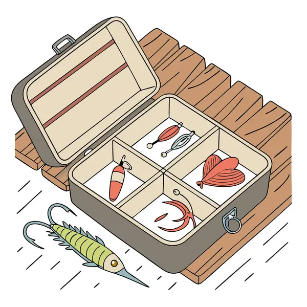 Çeşitli balık yemi ve aksesuarlarla dolu bir alet çantası. Yapay zekanın oluşturduğu balık tutma gezileri sırasında kolay erişim için organize edildi. Vektör simgesi