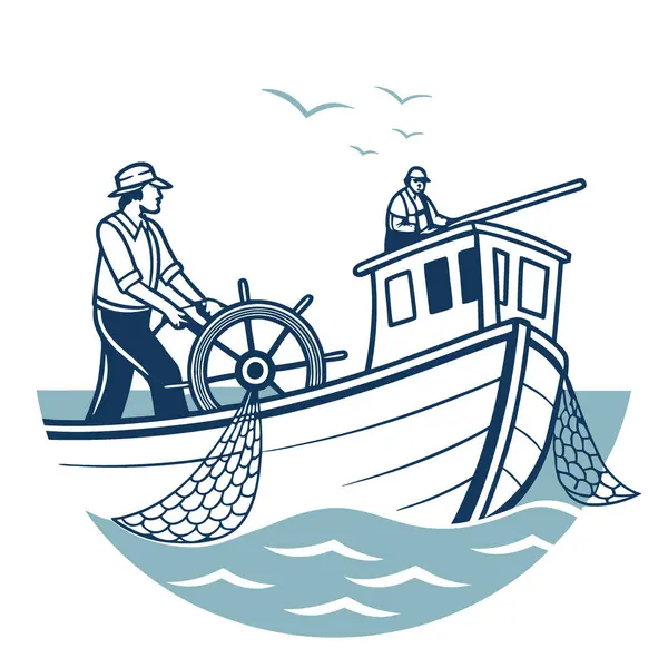 Bir kaptan balıkçı teknesine rehberlik ederken mürettebat onun arkasında olta takımlarıyla çalışıyor. Huzurlu suyla çevrili. Yapay zeka üretildi. Vektör simgesi