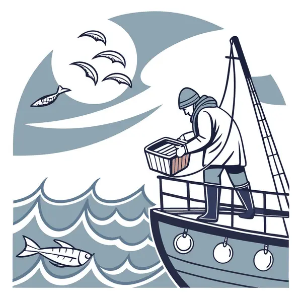 Okyanusta balıkçı, serin havada balıkçı teknesinde çalışırken balık yakalıyor. Günün avını sergiliyorum. Yapay zeka üretildi. Vektör simgesi