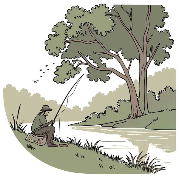 Huzurlu bir nehir kıyısında huzurlu bir balık avı. Olta ve olta takımı olta atmak için hazırlandı. Balıkçının geri çekilme tarzı. Yapay zeka üretildi. Vektör simgesi