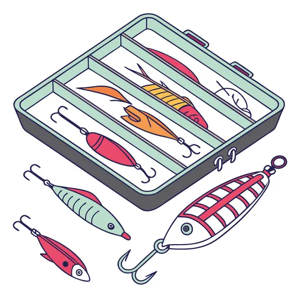 Alet kutusunda renkli balık yemi. Çeşitli yem seçenekleri. Balık tutma gezileri için düzenlenmiş. Balık ekipmanları konsepti. Yapay zeka üretildi. Vektör simgesi