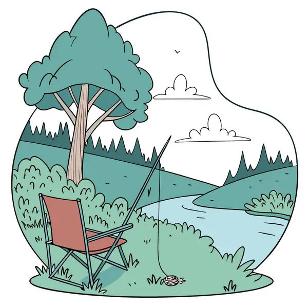 Nehir kenarında oltayla kamp sandalyesi. Açık hava eğlencesi kavramı. Balık tutmak. Kamp yapmak. Doğa yürüyüşü. Uzayı kopyala Yapay zeka üretildi. Vektör simgesi