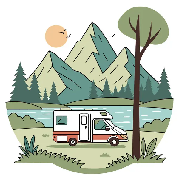 Güneşli bir günde dağlarla çevrili bir karavanla sakin bir göl kenarı kamp alanında dinleniyor. Yapay zeka üretildi. Vektör simgesi