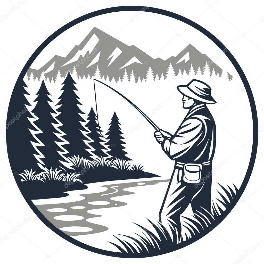 Artistic logo of a fisherman by a lakeside. backed by a forest and mountain range.. AI generated. Vector icon