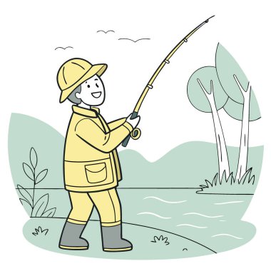 Parlak sarı kıyafetli neşeli bir balıkçı sakin gölün yanında duruyor. Yapay zekanın yarattığı balıkçılık ve macera tutkusunu sergiliyor. Vektör simgesi