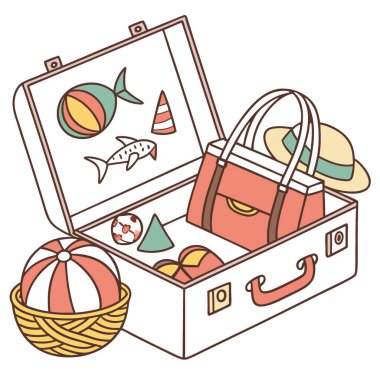 Çeşitli seyahat ve tatil eşyalarıyla dolu açık bir bavul. Küre gibi. Balık. Cüzdanlar. Bir şapka. Bir sepet. Ve daha çok yapay zeka üretildi. Vektör simgesi