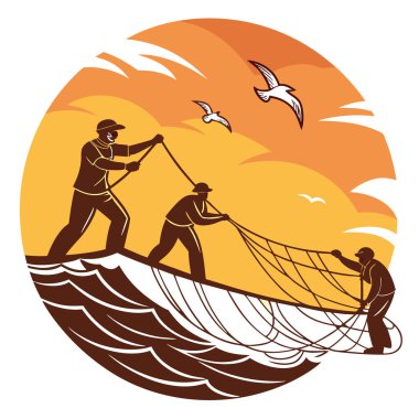 Balıkçılar güneş batarken dalgalı sulardan büyük ağlar çekmek için birlikte çalışırlar. Çabalarının üzerine bir ışık saçar. - Evet. Yapay zeka üretildi. Vektör simgesi