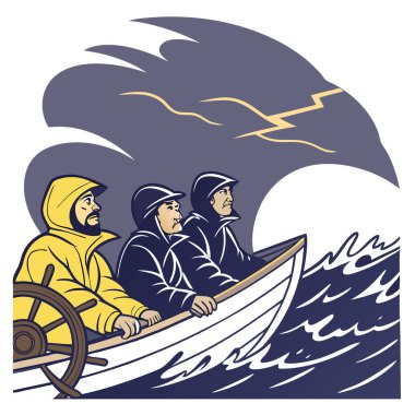 Sarı ve koyu renk ceketli üç balıkçı alacakaranlıkta küçük bir tekneyi dalgalara karşı tutar. Yapay zeka üretildi. Vektör simgesi