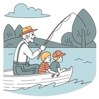 Bir büyükbaba ve iki torun sessiz bir balık avının tadını çıkarıyorlar. Güneşli bir günün sakinliğini yansıtan berrak mavi sularla yapay zeka oluşturuldu. Vektör simgesi
