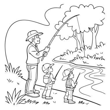 Çocuklarla nehir kenarında balık tutma gezisi. Çocuklar için boyama sayfası. Basit bir taslak çizimi. Boyama kitabı. Basit çizgiler... yapay zeka üretildi. Vektör simgesi