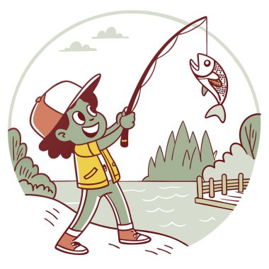 Genç bir çocuk oltaya takılmış bir balıkla gururla oltasını tutuyor. Yapay zekanın oluşturduğu başarılı bir balık avı gezisini temsil ediyor. Vektör simgesi