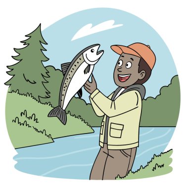 Genç bir adam balık avına çıkmış taze bir balığı tutarken sırıtıyor. Yapay zekanın yarattığı maceranın heyecanını yakalıyorum. Vektör simgesi