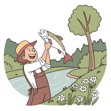 Neşeli bir balıkçı avını nehrin kenarında gururla sergiliyor. Doğanın güzelliğini ve yapay zekanın yarattığı balık tutmanın heyecanını gösteriyor. Vektör simgesi