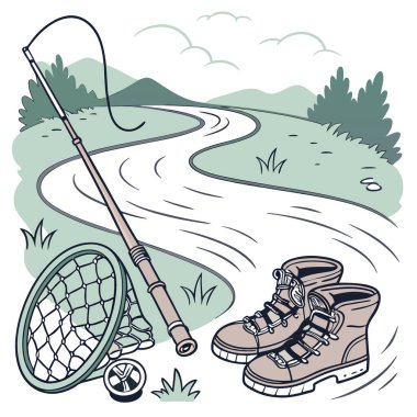 Nehir kıyısında balık avlama ekipmanları. Botlar da dahil. Ağ. Çubuk. Ve makara. Açık hava için mükemmel. Doğa. Yapay zekanın yarattığı macera temalarını. Vektör simgesi