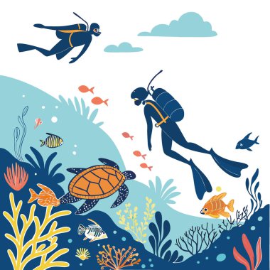 Şnorkeller parlak güneş ışığı altında kristal berrak sularda renkli deniz canlılarıyla dolu canlı bir mercan resifini keşfediyorlar. Yapay zeka üretildi. Vektör simgesi