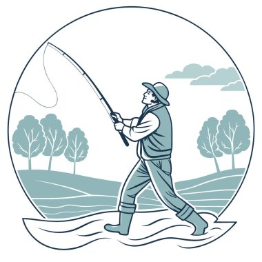 Bir balıkçı iş başında. Sabır ve sabır ile bir çizgi çekmek. sakin bir atmosferle çevrili. Yapay zekanın yarattığı balık tutmanın özünü yakalamak. Vektör simgesi