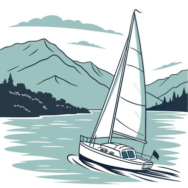 Bir yelkenli arka planda dağlar olan bir gölde yelken açıyor. Yelkenli beyaz ve suda hareket ediyor. Yapay zeka üretildi. Vektör simgesi