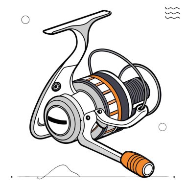 Zarif bir tasarımı ve canlı turuncu çizgileri olan modern bir balıkçı makarası. Yapay zekanın ürettiği hem hevesliler hem de profesyoneller için mükemmel. Vektör simgesi