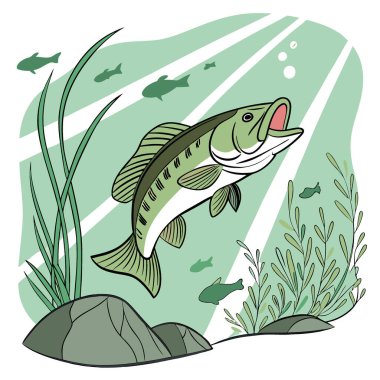 Büyük Ağızlı Bas Fotoğrafçılığı. Sualtı Eylem Aşıları. Balık Gölü. Doğa Yaban Hayatı. Yeşil Su. Yaz balıkçılığı. Yapay zeka üretildi. Vektör simgesi