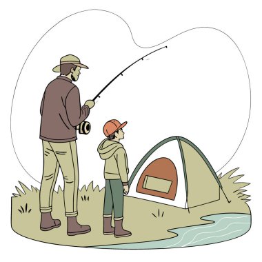 Birlikte kamp yapmaktan zevk alırken oğluna balık tutmayı öğreten sevgi dolu bir babanın uzun bir portresi. kopyalama alanı. - Evet. Yapay zeka üretildi. Vektör simgesi