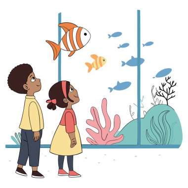 Çocuklar güzel bir akvaryumdaki çeşitli deniz yaşamını izlemekten zevk alırlar. Merak uyandıran ve biyolojiyi öğrenen yapay zeka. Vektör simgesi