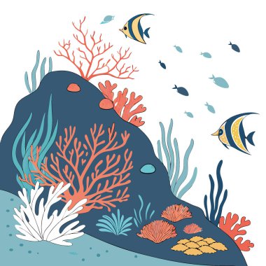 Tropikal bir ortamda canlı mercan resiflerini ve çeşitli sualtı yaşamlarını göz kamaştırıcı oluşumlar ve renkler ile keşfetmek. Yapay zeka üretildi. Vektör simgesi