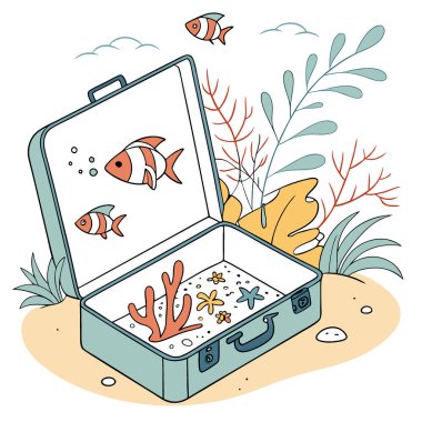 Okyanus seyahat valizinde. Mercan kayalıkları. Şeffaf vitrinde balıklar ve deniz yaratıkları. Konsept AI dijital illüstrasyon. Yapay zeka üretildi. Vektör simgesi