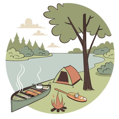 Arkadaşlarla bir kamp gezisi. Gölün kenarında ızgara tüten taze balık. Yakınlarda bir kanoyla kurulmuş çadırlar. Yapay zeka üretildi. Vektör simgesi