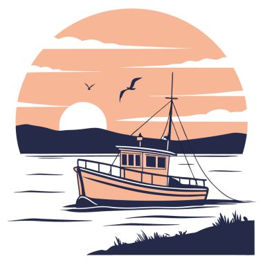 Gün batımında demir atmış bir balıkçı teknesi. Sakin suların üzerine sıcak bir ışık saçıyor. Yapay zekanın ürettiği deniz ve doğa temaları için mükemmel. Vektör simgesi